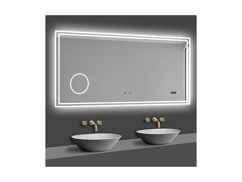 Miroir lumineux,  140 x 80 cm Miroir Grossissant 3x avec Bluetooth + Horloge + 3 Couleurs + Dimmable + Anti-buée, Miroir de Salle de Bain LED