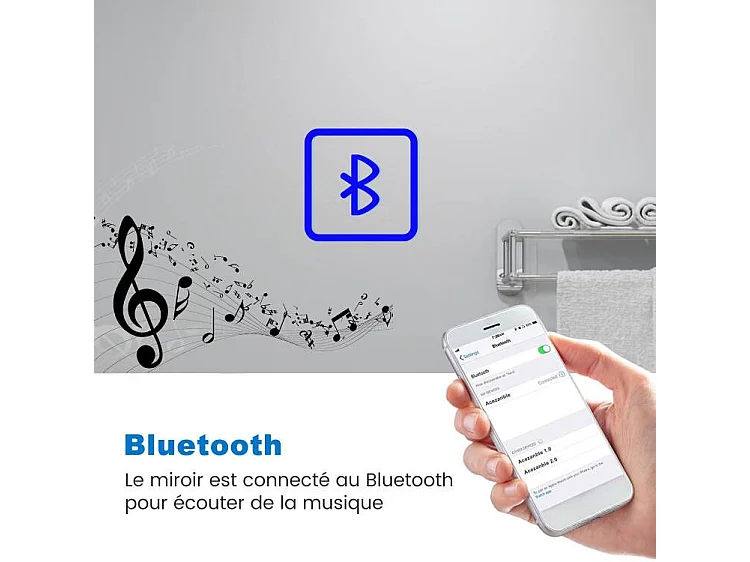 Miroir lumineux,  140 x 80 cm Miroir Grossissant 3x avec Bluetooth + Horloge + 3 Couleurs + Dimmable + Anti-buée, Miroir de Salle de Bain LED