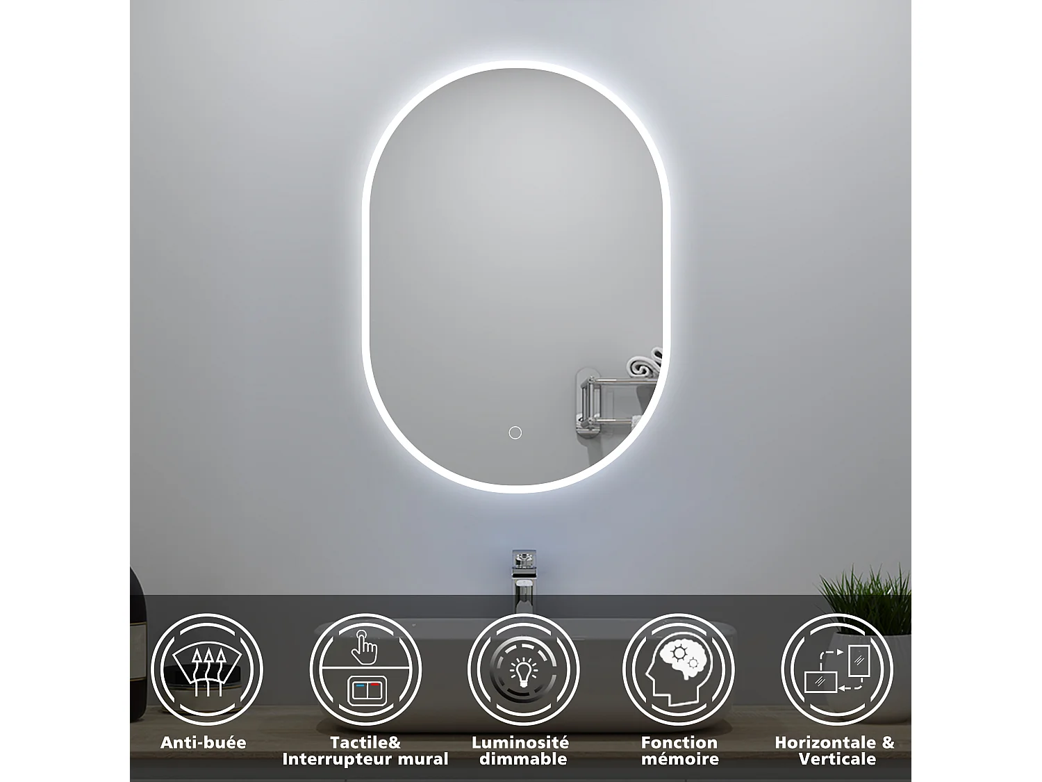 Miroir lumineux ovale l.50 x H.90cm avec Anti-buée + Dimmable, Mural Miroir salle de bain