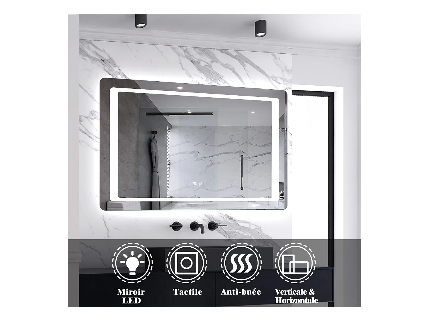 Miroir lumineux l.120 x H.70cm avec Anti-buée, Mural Miroir de salle de bain