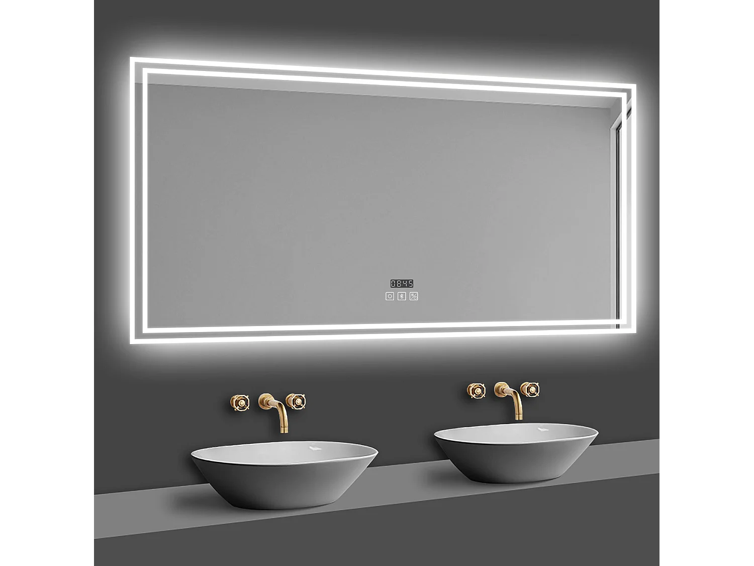 Miroir lumineux avec Bluetooth 160 x 80cm, Miroir de Salle de Bain LED avec Horloge + 3 Couleurs + Dimmable + Anti-buée, Miroir IP44