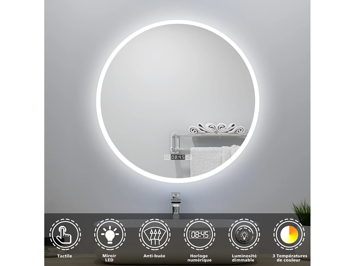 Miroir lumineux Rond 80cm avec Horloge + 3 Couleurs + Dimmable + Anti-buée