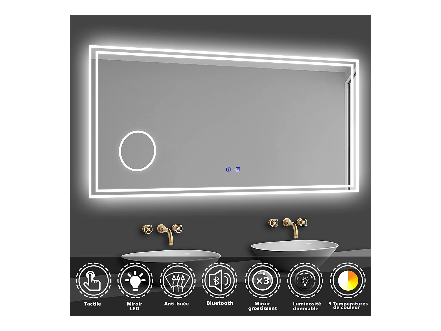 Miroir lumineux grossissant 3x, l.160 x H.80 cm, Miroir de Salle de Bain LED avec Bluetooth + 3 Couleurs + Anti-buée, Mural Miroir éclairé