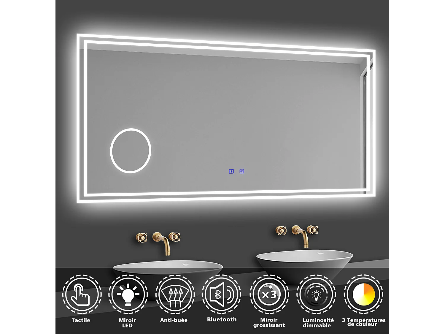 Miroir lumineux grossissant 3x, l.160 x H.80 cm, Miroir de Salle de Bain LED avec Bluetooth + 3 Couleurs + Anti-buée, Mural Miroir éclairé