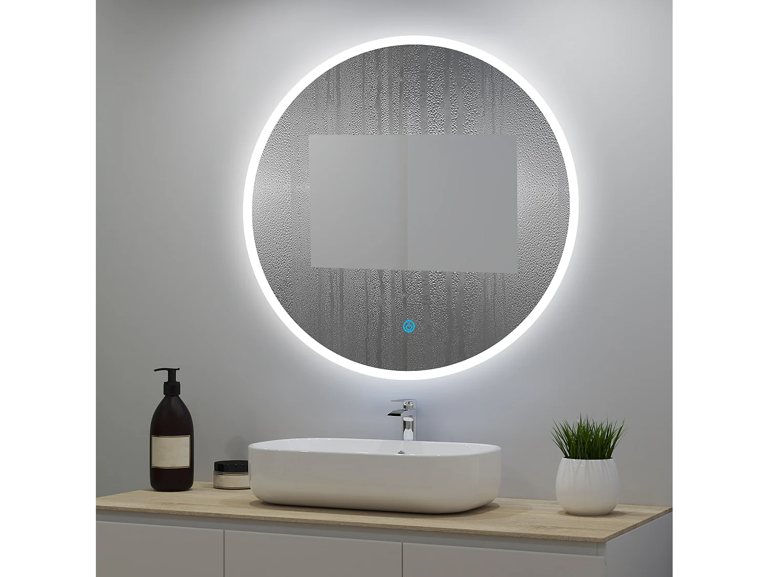 Miroir lumineux rond 70cm avec 3 Couleurs + Dimmable + Anti-buée, Mural Miroir salle de bain
