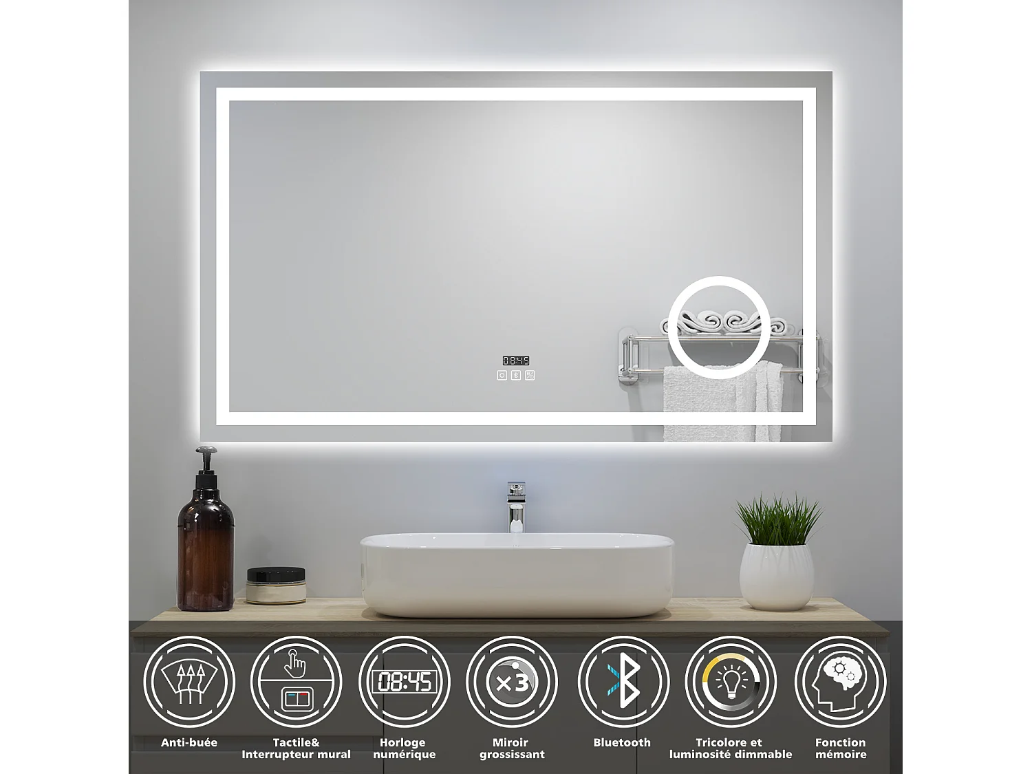Aica Miroir Lumineux avec Bluetooth 100 x 60cm, Horloge + 3 Couleurs + Dimmable + Anti-buée + grossissant 3x，Mural Miroir Salle de Bain