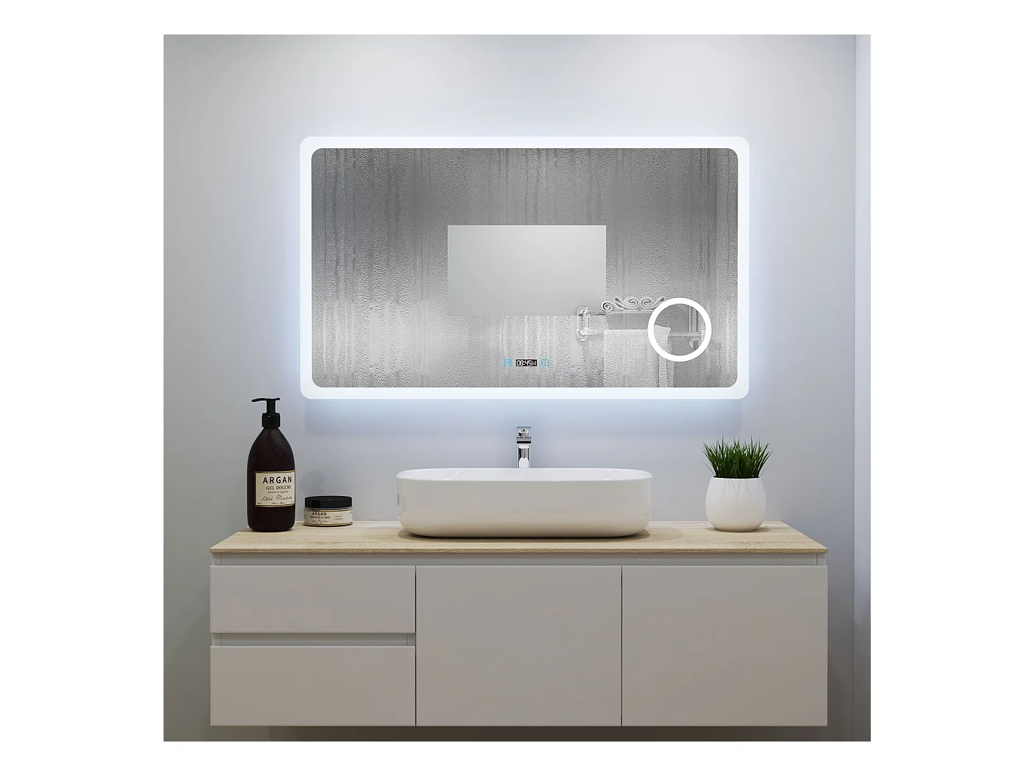 Aica Miroir Lumineux à LED Réglable Intelligent 120x70cm, Miroir de salle de bain avec éclairage + antibuée + Miroir grossissant + Horloge numérique