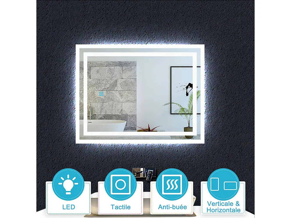 Aica Miroir lumineux avec éclairage intégré, Miroir de salle de bain avec anti-buée, Modèle double contour 70x50cm