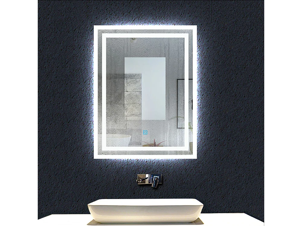 Aica Miroir lumineux avec éclairage intégré, Miroir de salle de bain avec anti-buée, Modèle double contour 70x50cm