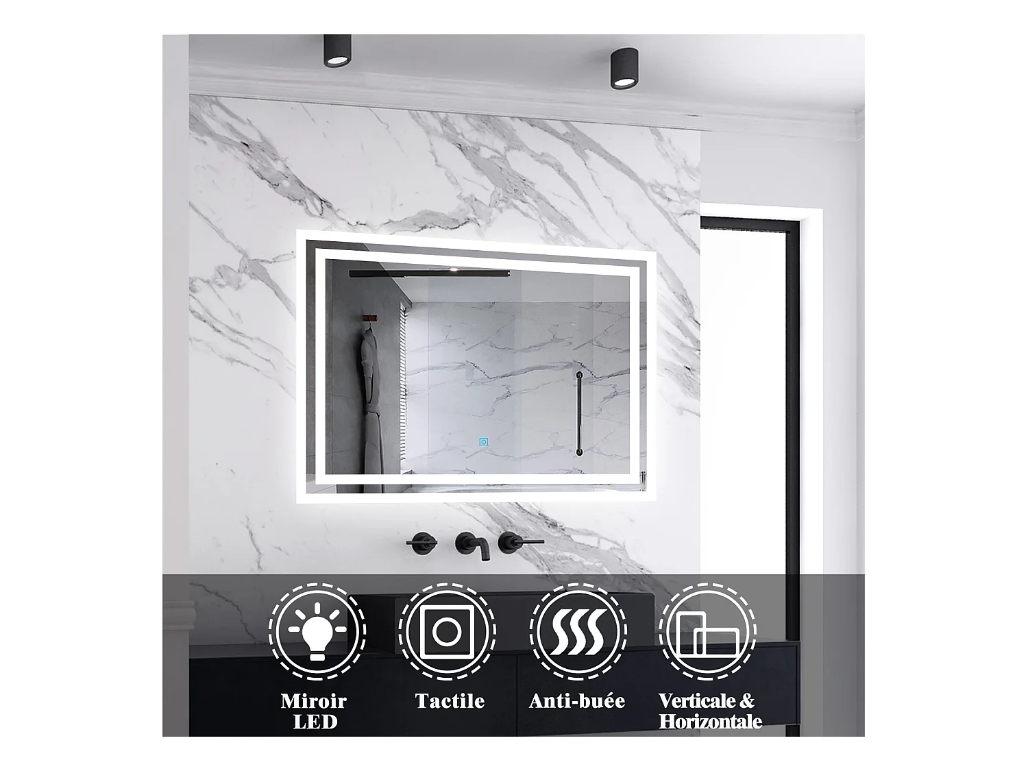 Miroir lumineux 90x70cm acve anti-buée，Miroir salle de bain - Aica