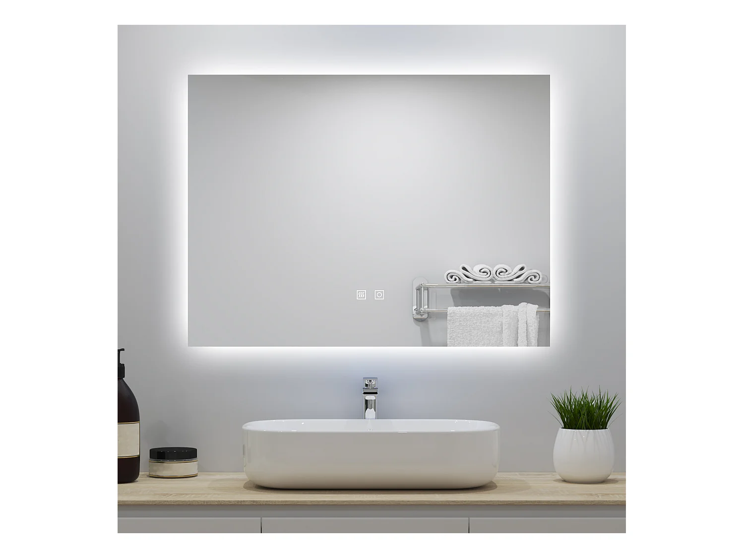 Miroir lumineux 80x60cm avec Anti-buée + 3 Couleurs + Dimmable, Mural Miroir salle de bain