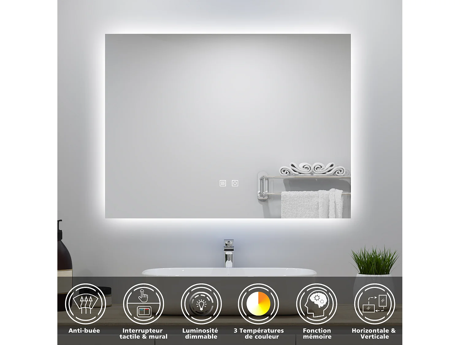 Miroir lumineux 80x60cm avec Anti-buée + 3 Couleurs + Dimmable, Mural Miroir salle de bain