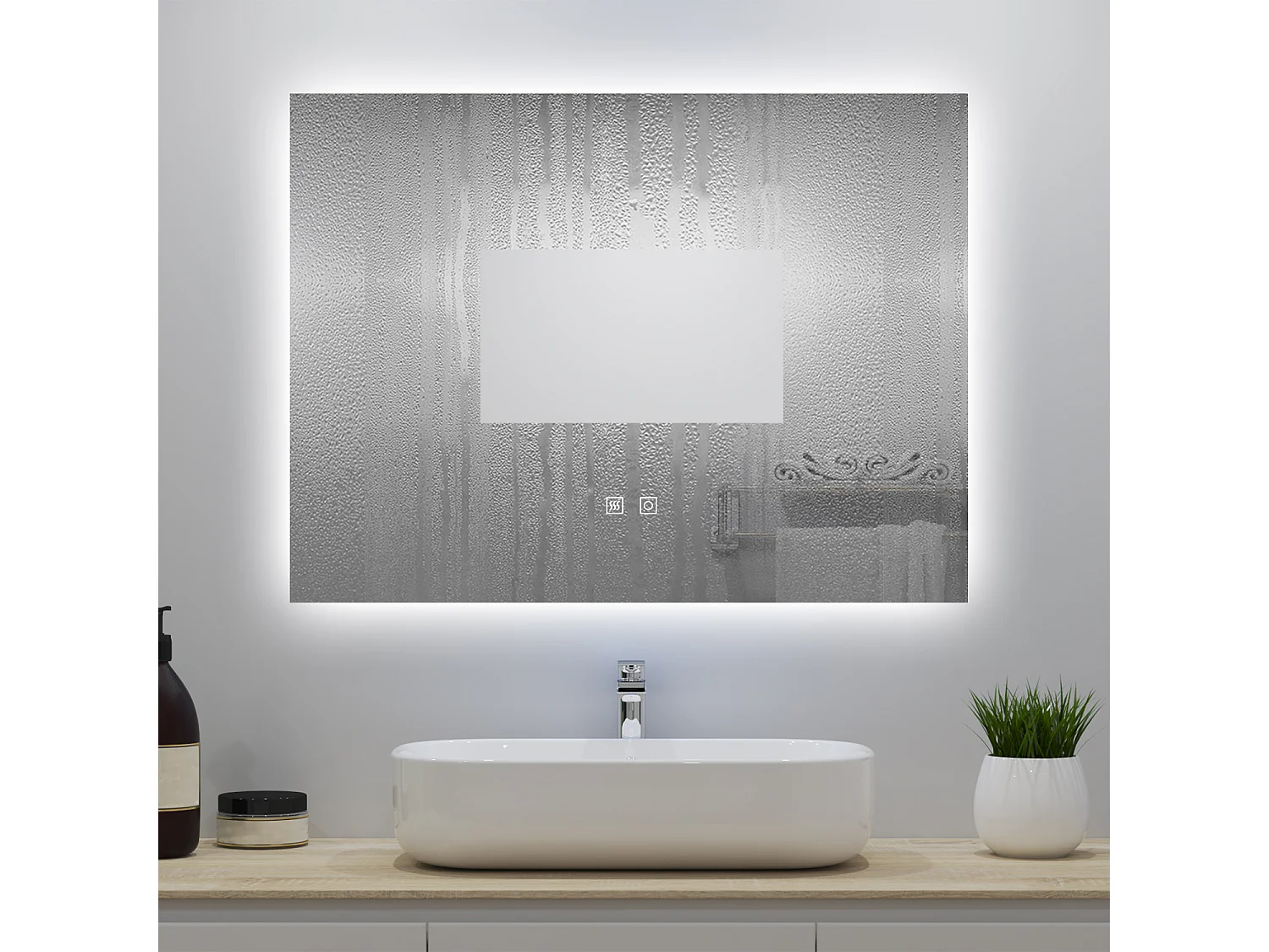 Miroir lumineux 80x60cm avec Anti-buée + 3 Couleurs + Dimmable, Mural Miroir salle de bain