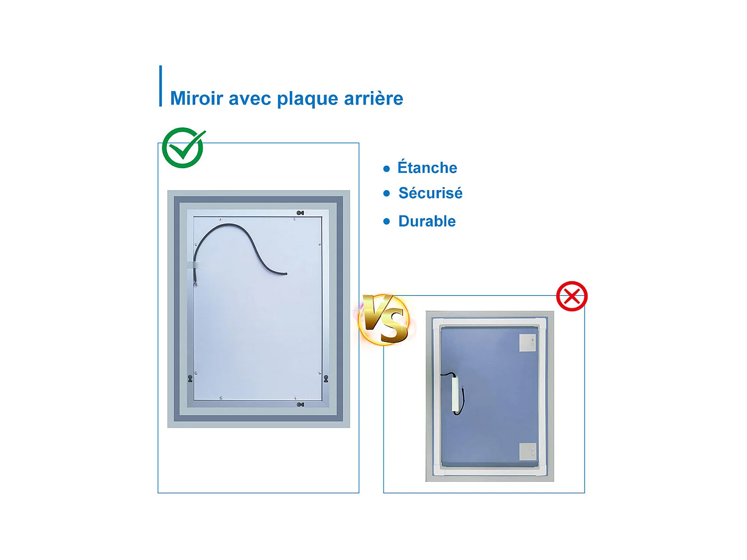 Aica Miroir lumineux avec éclairage intégré, Miroir de salle de bain avec anti-buée, Modèle double contour 60x50cm