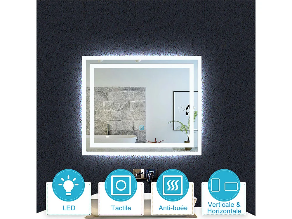 Aica Miroir lumineux avec éclairage intégré, Miroir de salle de bain avec anti-buée, Modèle double contour 60x50cm