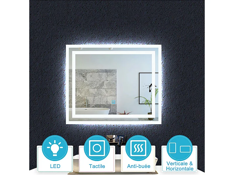 Aica Miroir lumineux avec éclairage intégré, Miroir de salle de bain avec anti-buée, Modèle double contour 60x50cm