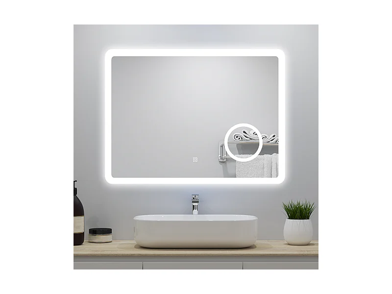 Miroir lumineux 80x60cm avec Anti-buée + 3 Couleurs + Dimmable + grossissant 3x, Mural Miroir salle de bain