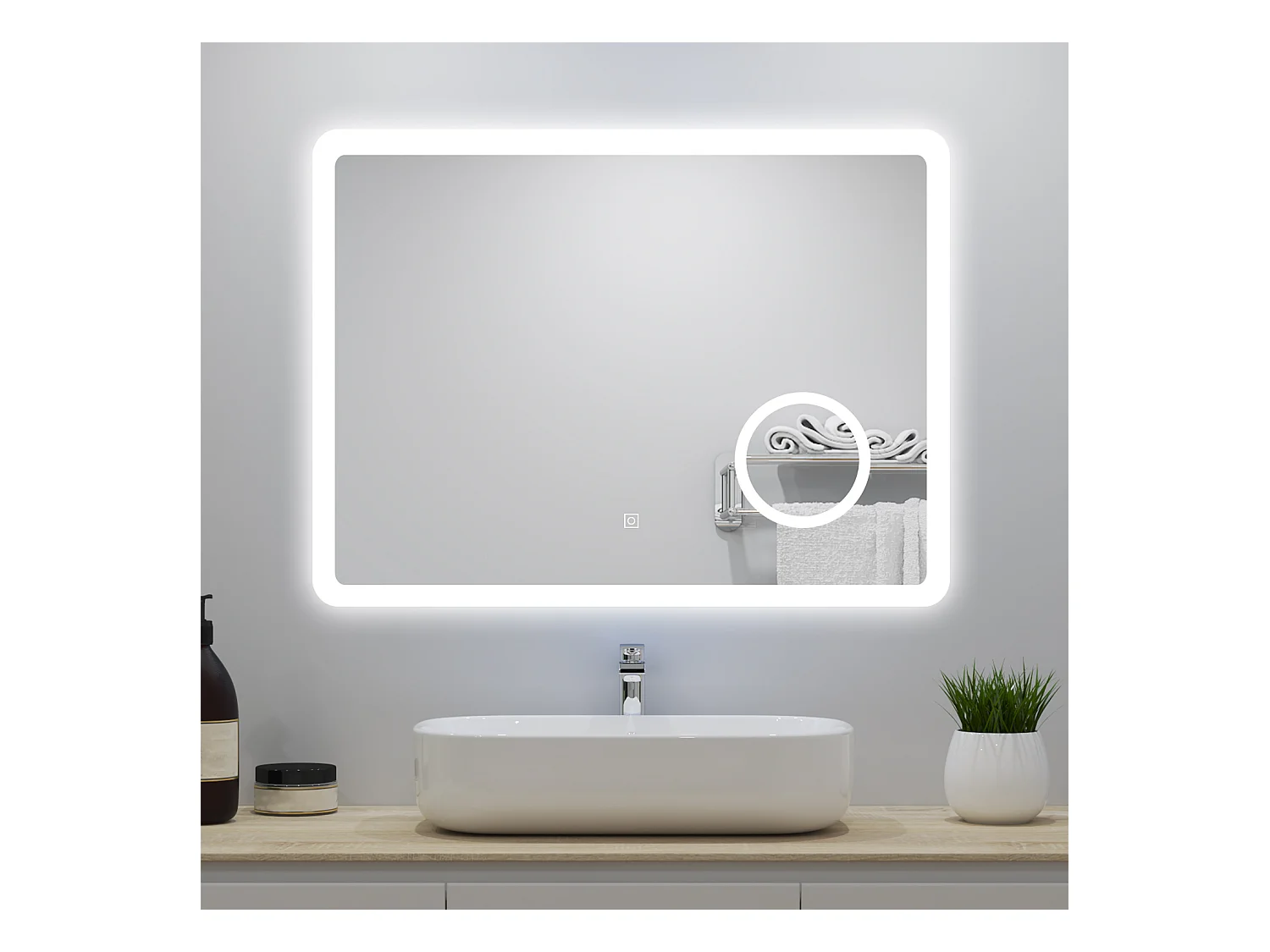 Miroir lumineux 80x60cm avec Anti-buée + 3 Couleurs + Dimmable + grossissant 3x, Mural Miroir salle de bain
