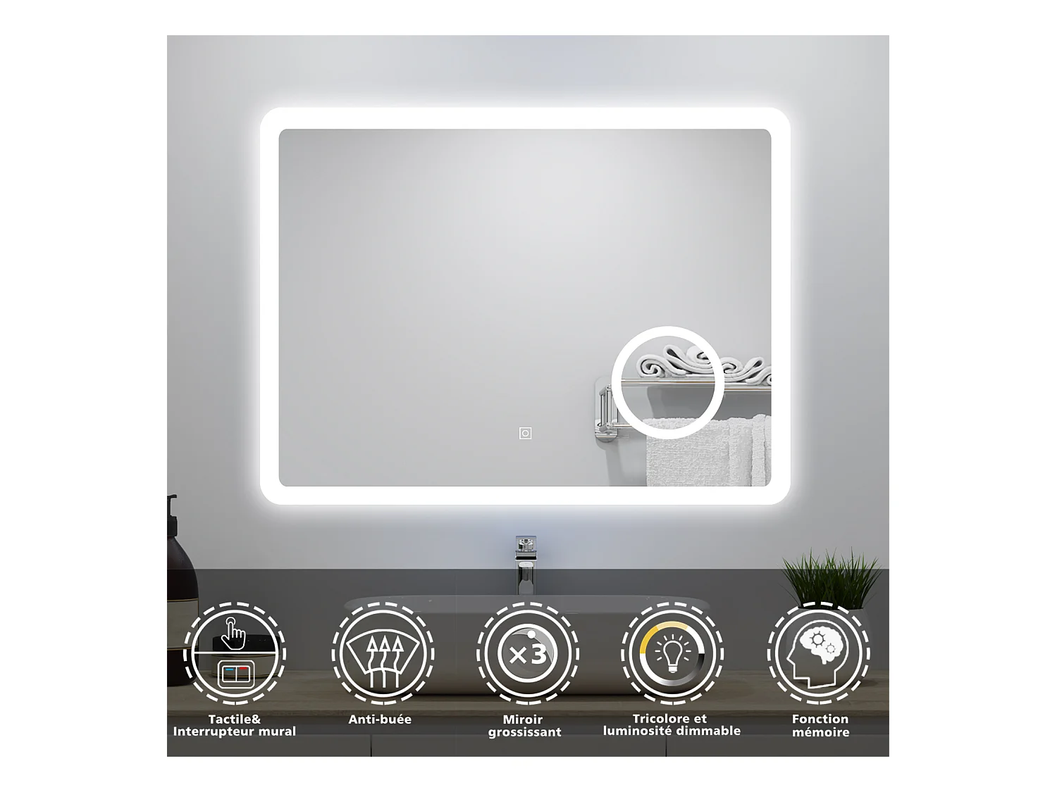 Miroir lumineux 80x60cm avec Anti-buée + 3 Couleurs + Dimmable + grossissant 3x, Mural Miroir salle de bain
