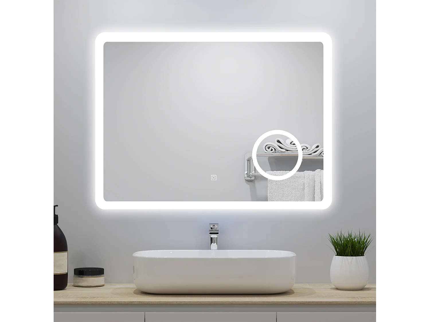 Miroir lumineux 80x60cm avec Anti-buée + 3 Couleurs + Dimmable + grossissant 3x, Mural Miroir salle de bain