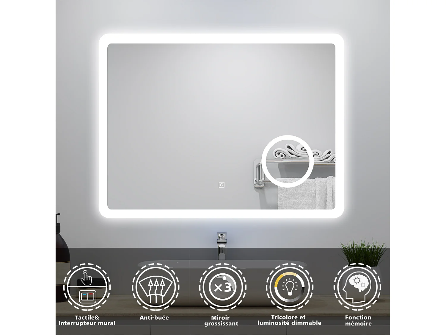 Miroir lumineux 80x60cm avec Anti-buée + 3 Couleurs + Dimmable + grossissant 3x, Mural Miroir salle de bain