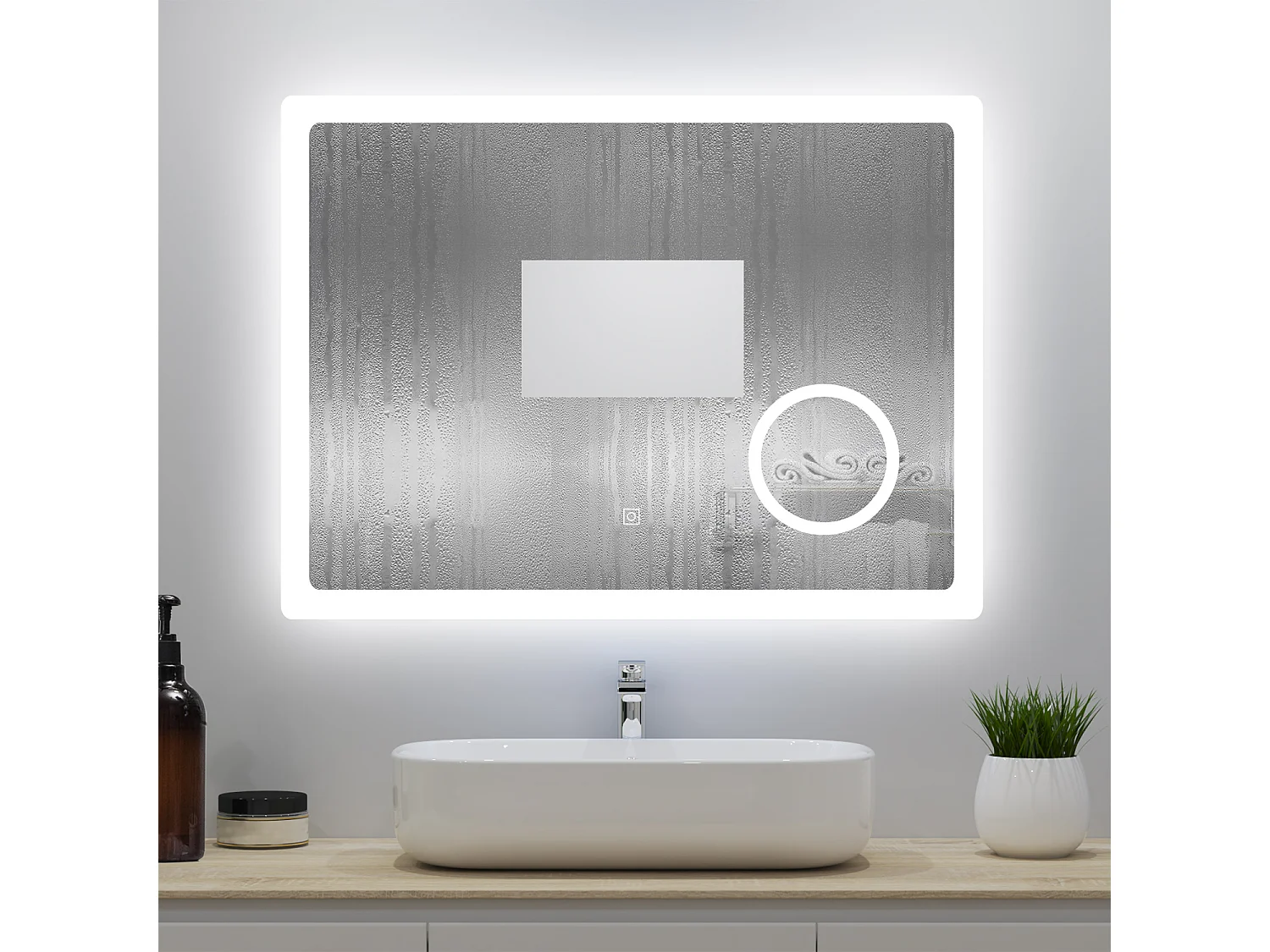 Miroir lumineux 80x60cm avec Anti-buée + 3 Couleurs + Dimmable + grossissant 3x, Mural Miroir salle de bain