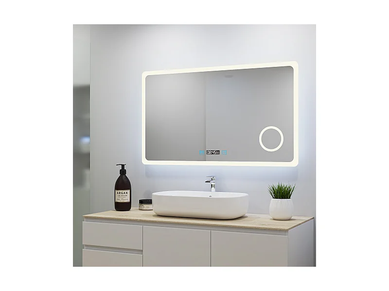 Aica Miroir Lumineux à LED Réglable Intelligent 140x80cm, Miroir de salle de bain avec éclairage + antibuée + Miroir grossissant + Horloge numérique