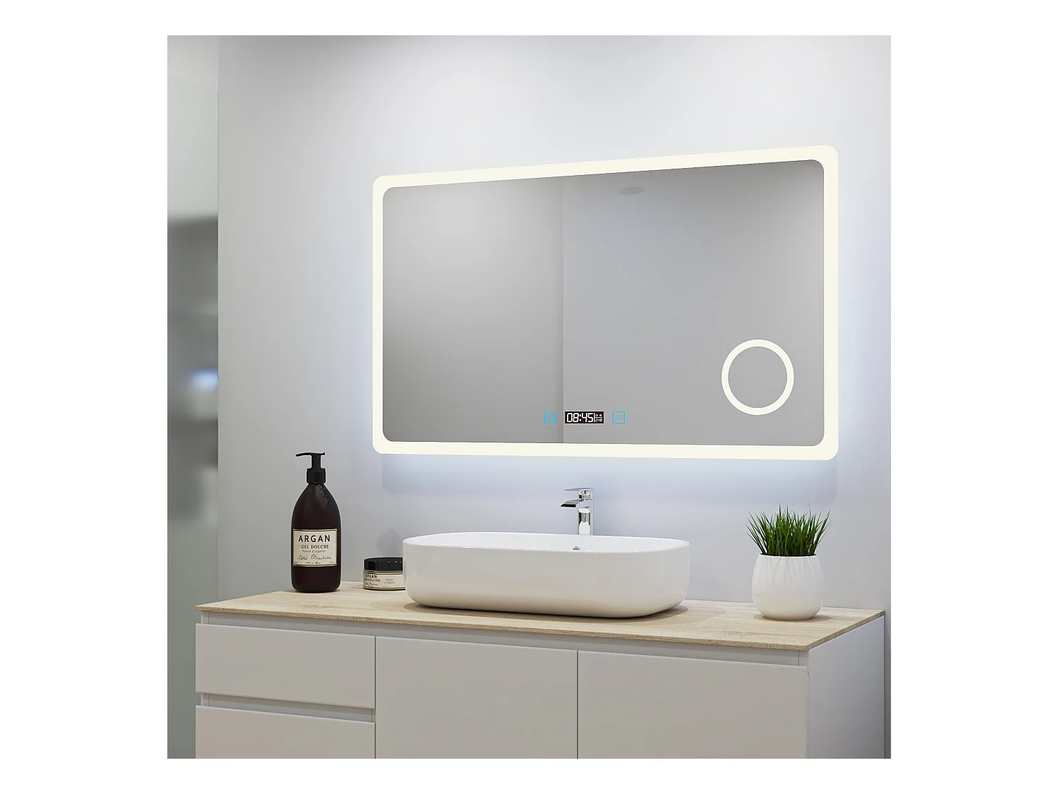 Aica Miroir Lumineux à LED Réglable Intelligent 140x80cm, Miroir de salle de bain avec éclairage + antibuée + Miroir grossissant + Horloge numérique