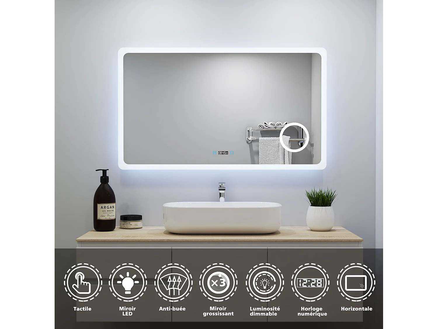 Aica Miroir Lumineux à LED Réglable Intelligent 140x80cm, Miroir de salle de bain avec éclairage + antibuée + Miroir grossissant + Horloge numérique