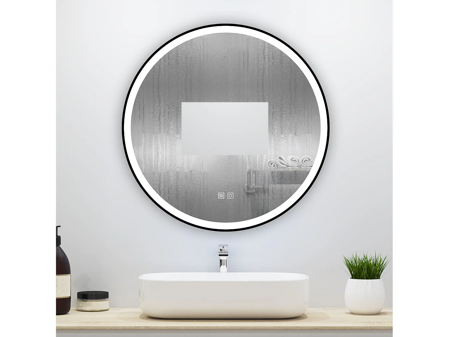 Miroir lumineux rond 80x80cm avec Anti-buée + 3 Couleurs + Dimmable, Mural Miroir salle de bain rond