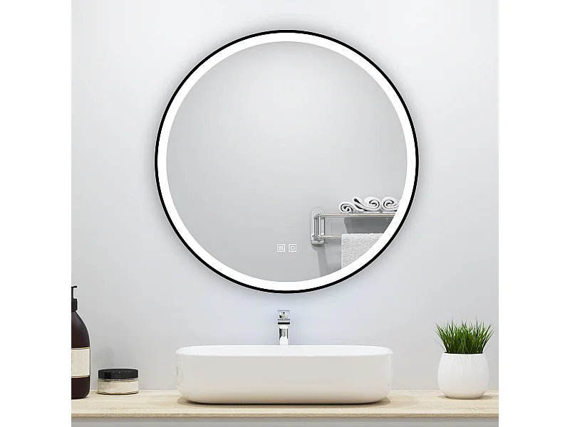 Miroir lumineux rond 80x80cm avec Anti-buée + 3 Couleurs + Dimmable, Mural Miroir salle de bain rond