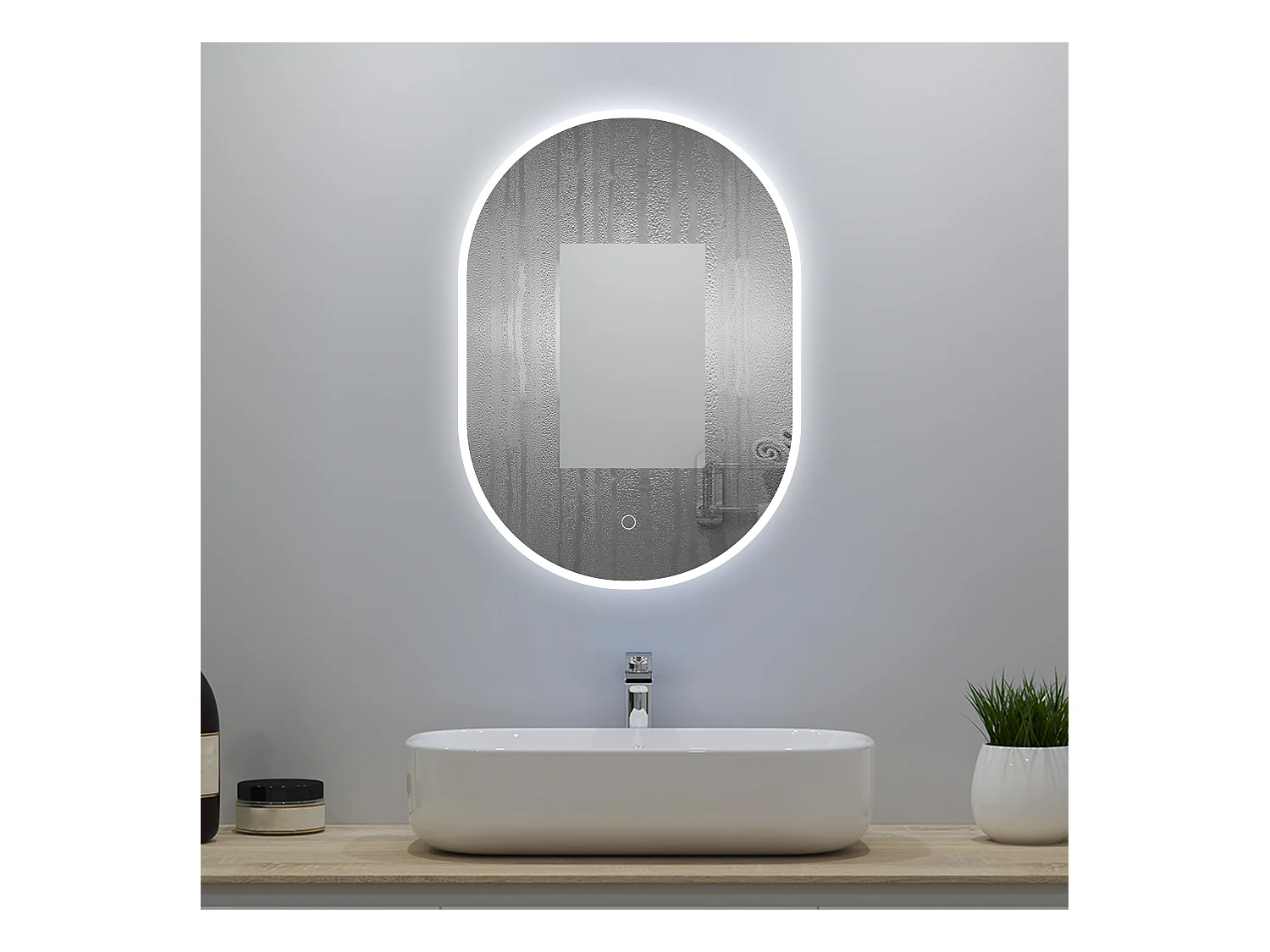 Miroir lumineux ovale l.50 x H.70cm avec Anti-buée + Dimmable, Mural Miroir salle de bain