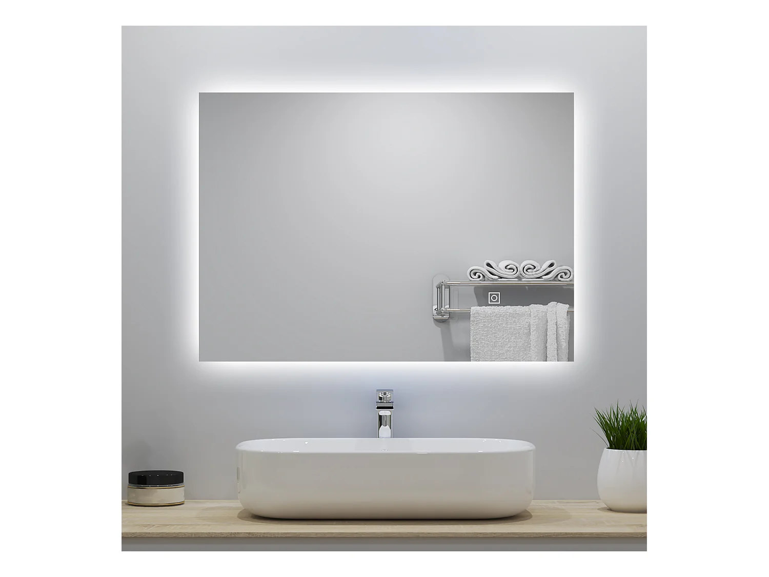 Miroir lumineux 70x50cm avec Anti-buée + Dimmable, Mural Miroir salle de bain