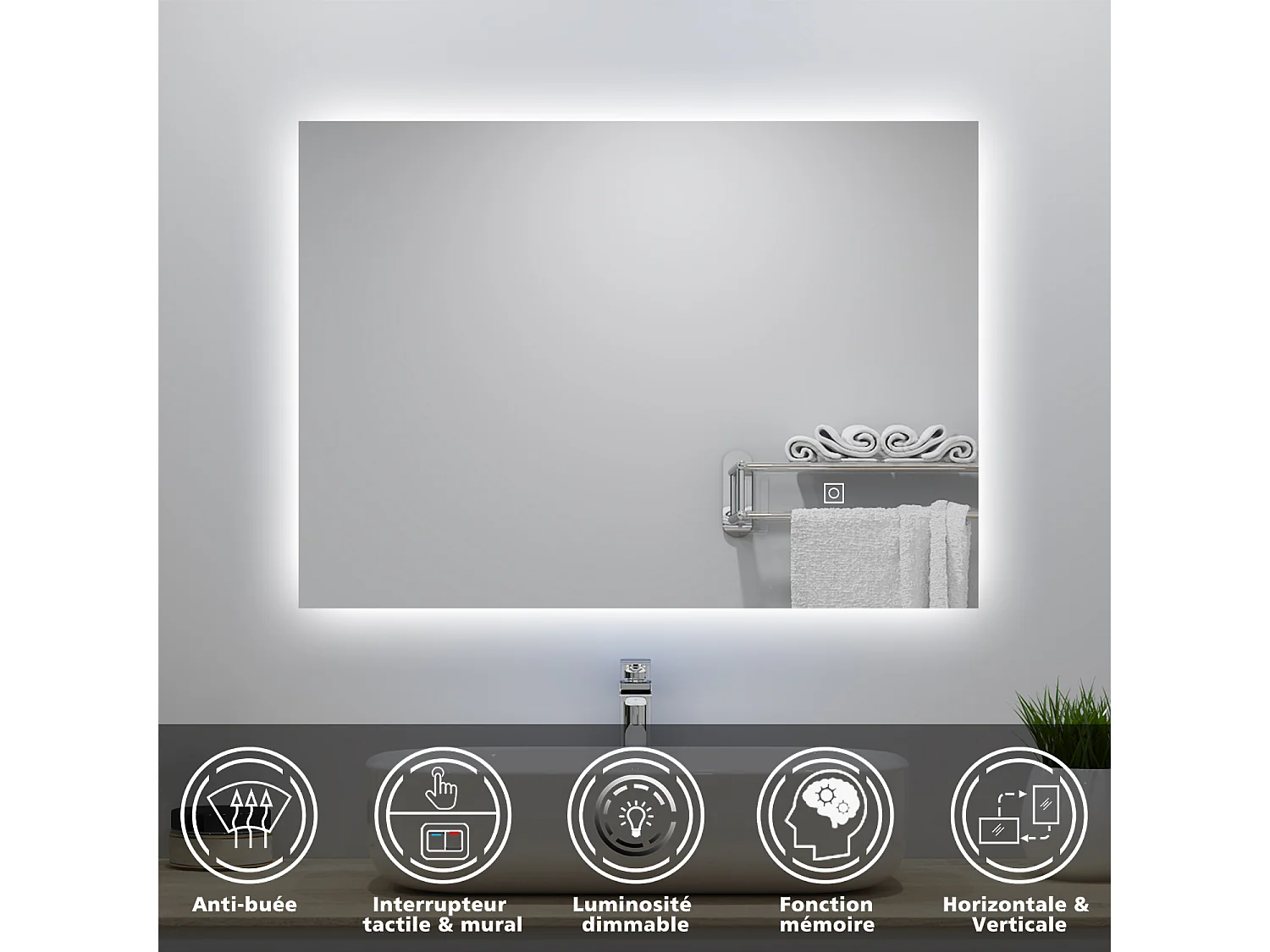 Miroir lumineux 70x50cm avec Anti-buée + Dimmable, Mural Miroir salle de bain