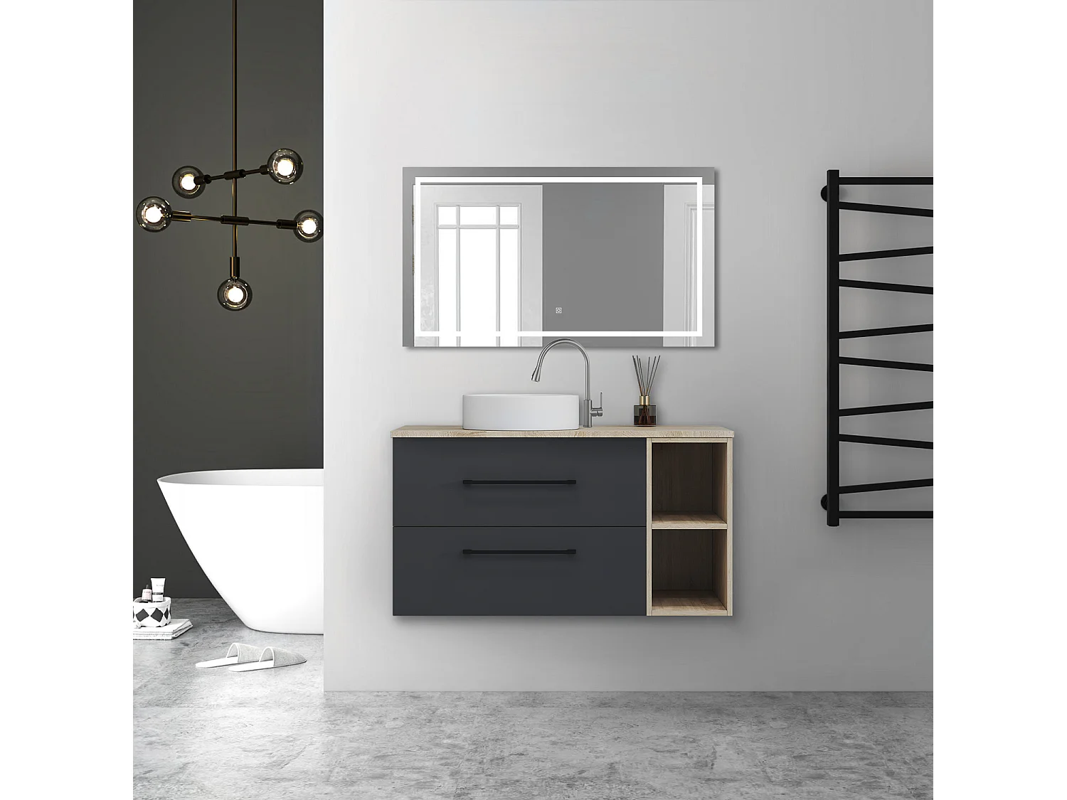 AICA Ensemble meuble de Salle de Bain Suspendu avec Vasque + 2 Rangements Ouverts, 100x46x52cm, Miroir LED Dimmable