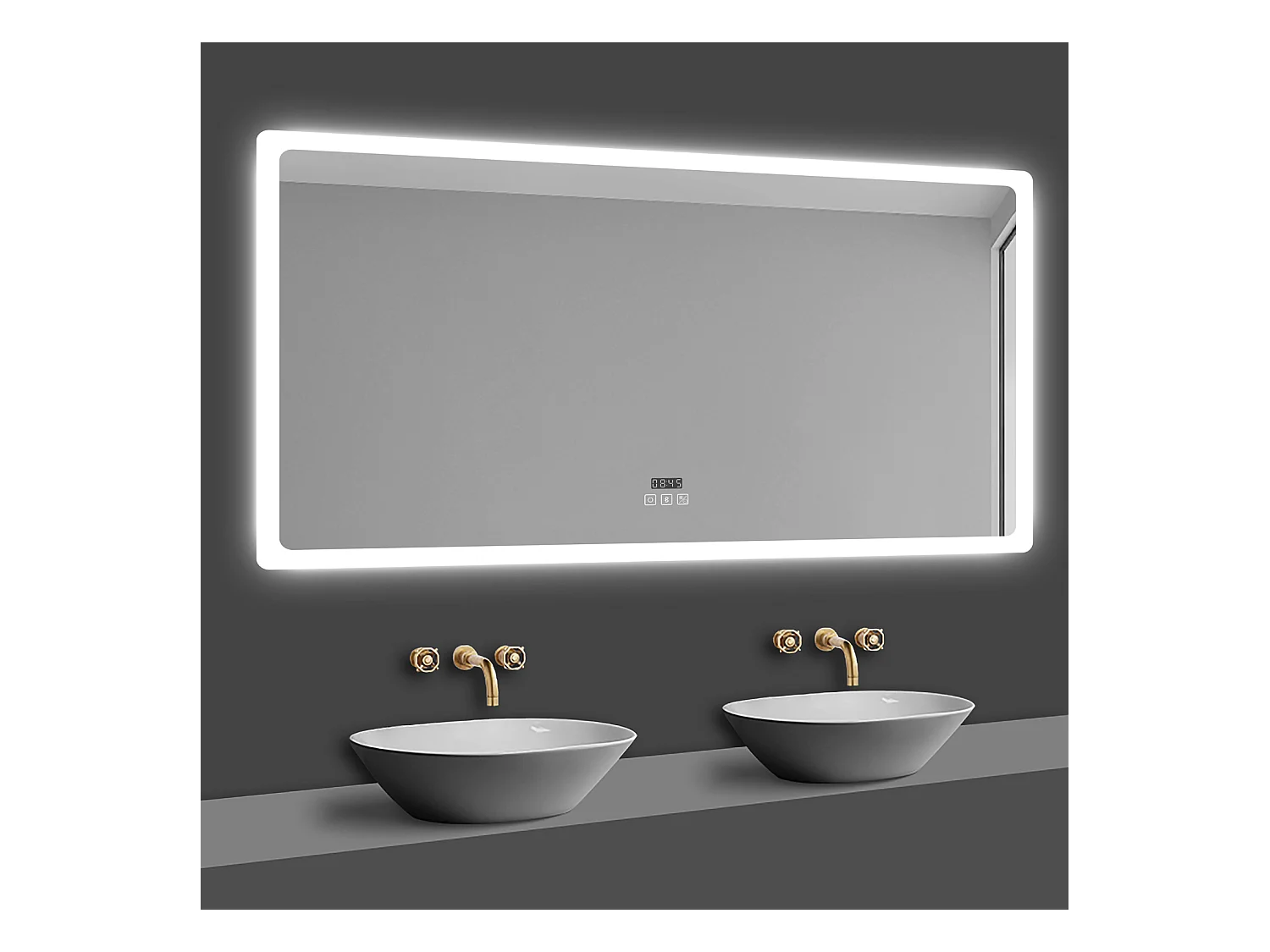Miroir lumineux l.70 x H.50 cm avec Bluetooth + Anti-buée + 3 Couleurs + Horloge , Miroir de Salle de Bain LED, Mural Miroir
