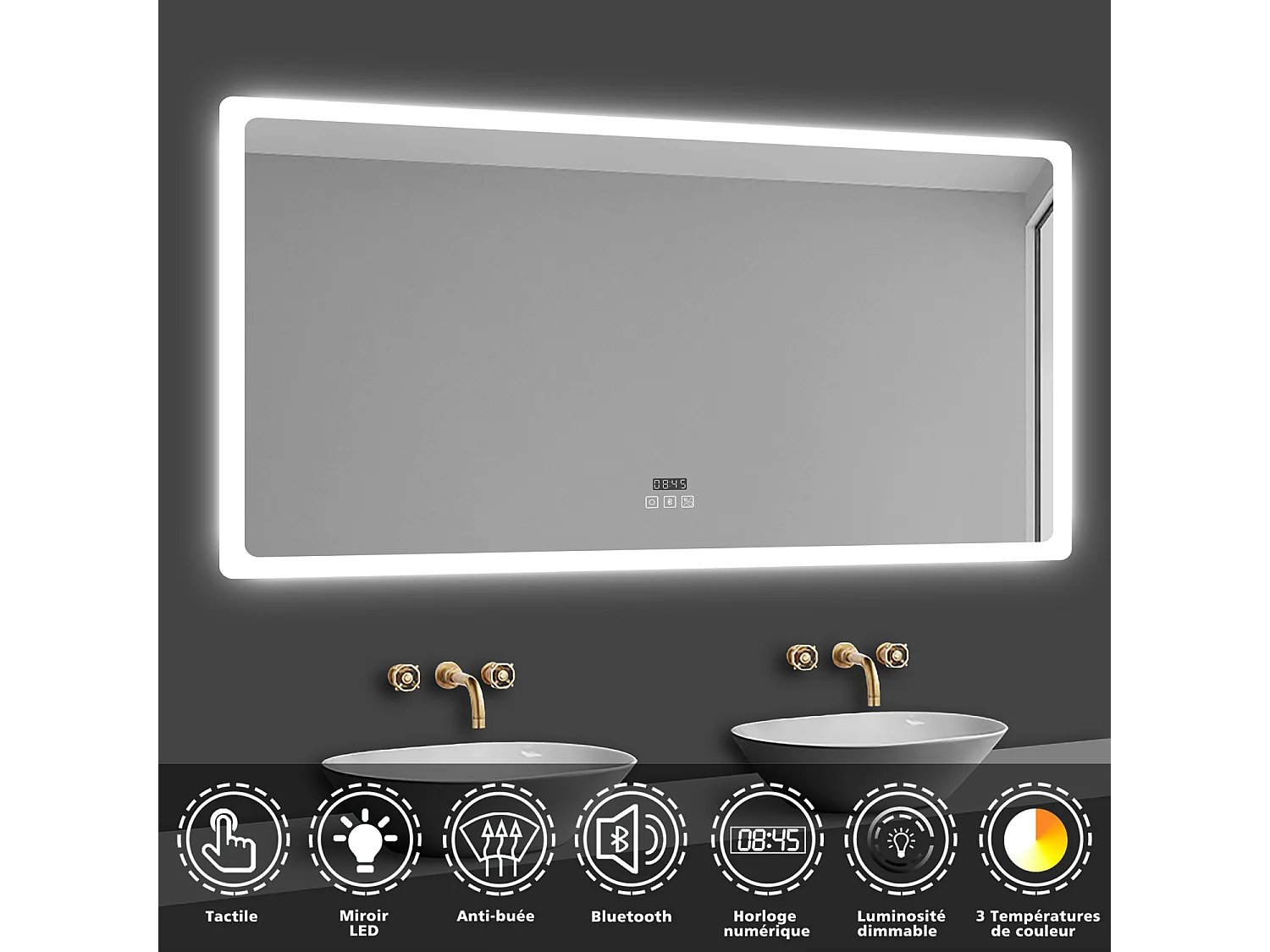 Miroir lumineux l.70 x H.50 cm avec Bluetooth + Anti-buée + 3 Couleurs + Horloge , Miroir de Salle de Bain LED, Mural Miroir