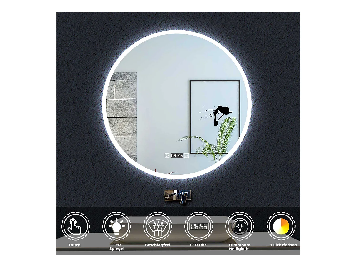 Aica Miroir Lumineux de Salle de Bain Rond 70cm avec Horloge+3 Couleurs+Dimmable+Anti-buée