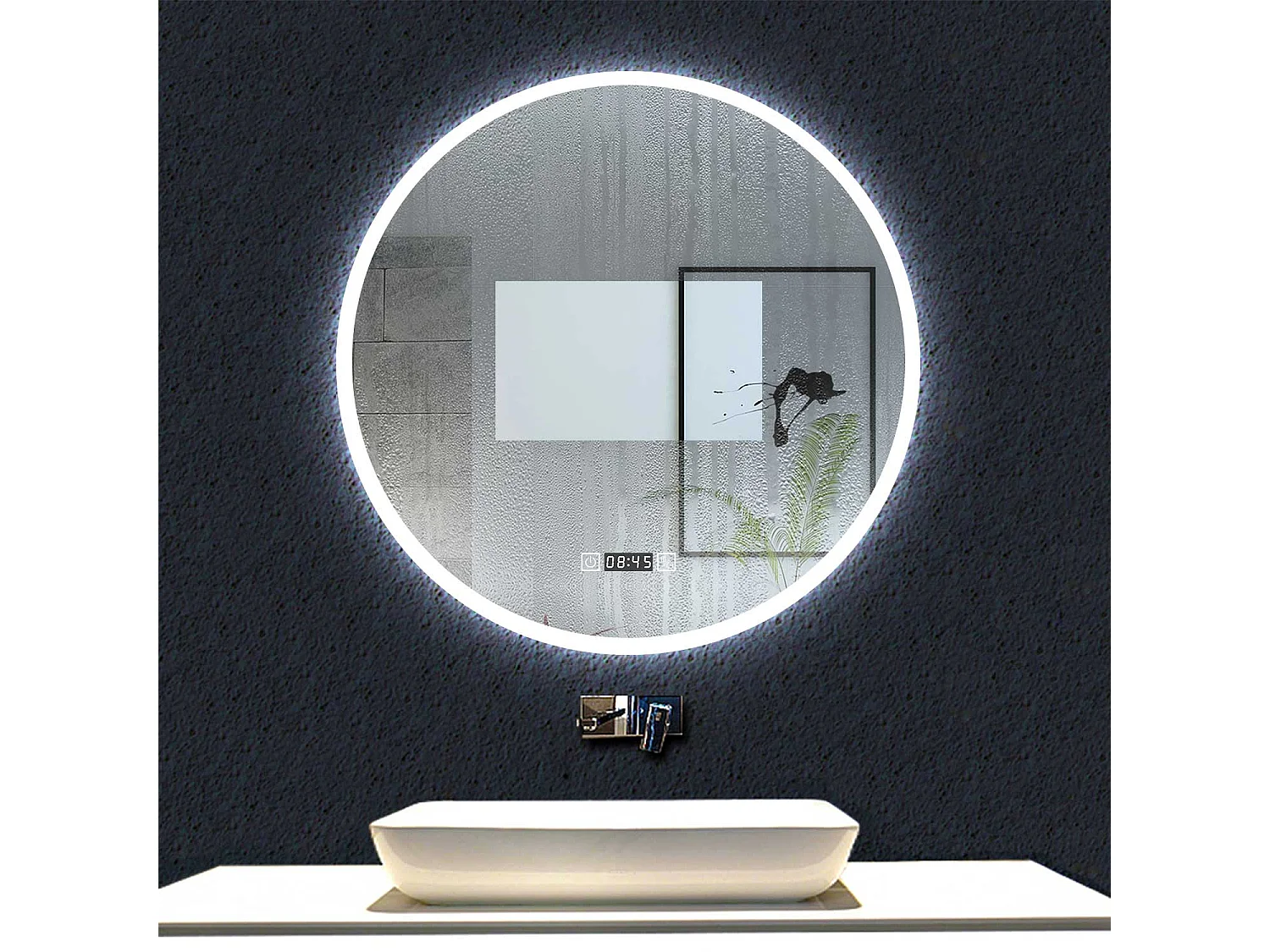 Aica Miroir Lumineux de Salle de Bain Rond 70cm avec Horloge+3 Couleurs+Dimmable+Anti-buée