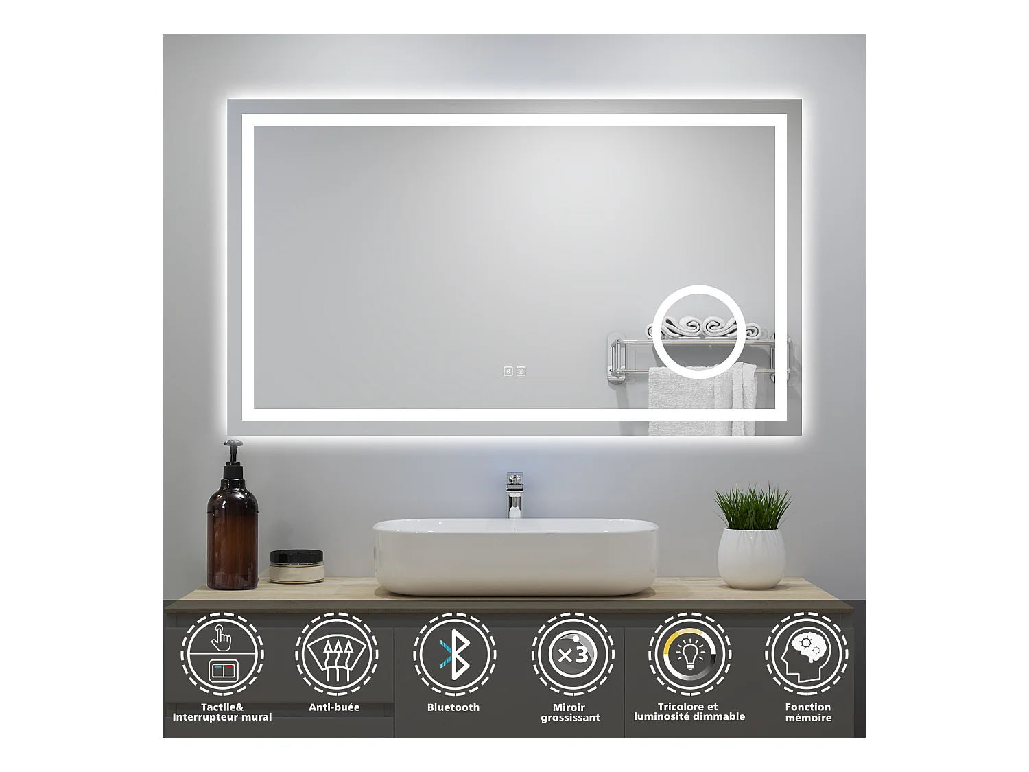 Aica Miroir Lumineux avec Bluetooth 160 x 80cm, 3 Couleurs + Dimmable + Anti-buée + grossissant 3x，Mural Miroir Salle de Bain