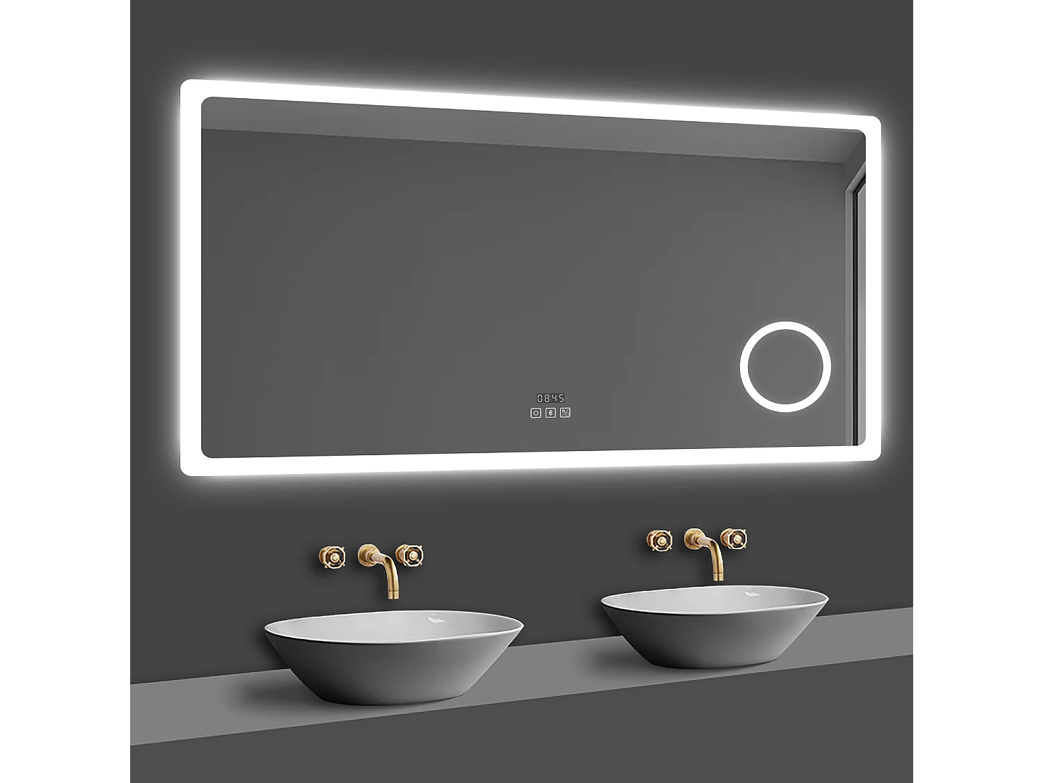 Miroir lumineux, l.80 x H.60cm Miroir Grossissant 3x avec Bluetooth + Horloge + 3 Couleurs + Dimmable + Anti-buée, Miroir de Salle de Bain LED