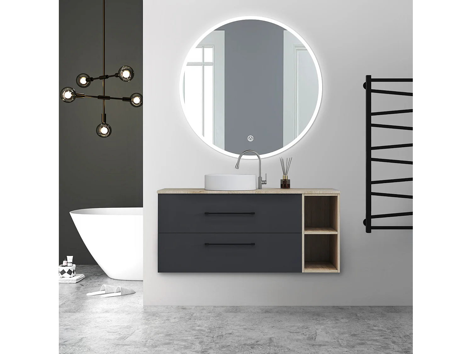 AICA Ensemble meuble de Salle de Bain Suspendu avec Vasque + 2 Rangements Ouverts, 120x46x52cm, Rond Miroir LED