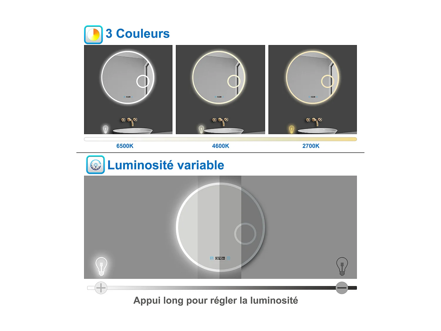 Miroir lumineux Rond 60cm avec Horloge + 3 Couleurs + Dimmable + Anti-buée + grossissant 3x