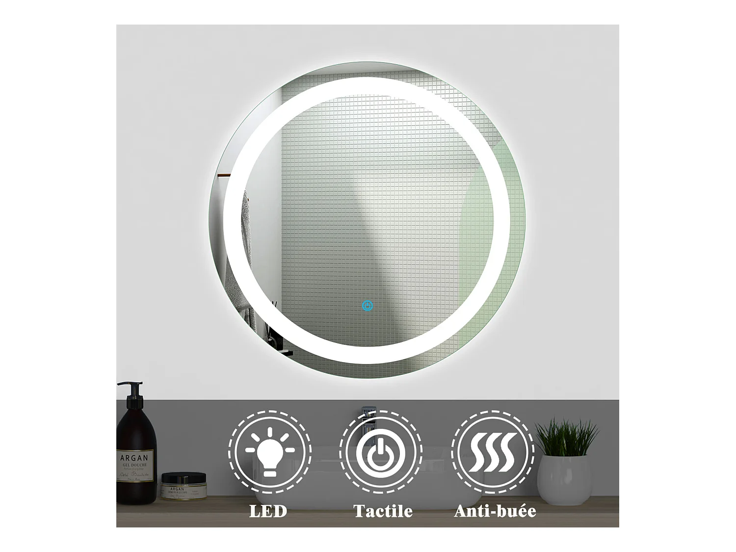 Aica Miroir lumineux rond, l.60 x H.60 cm Diam.60 cm, Miroir LED avec antibuée