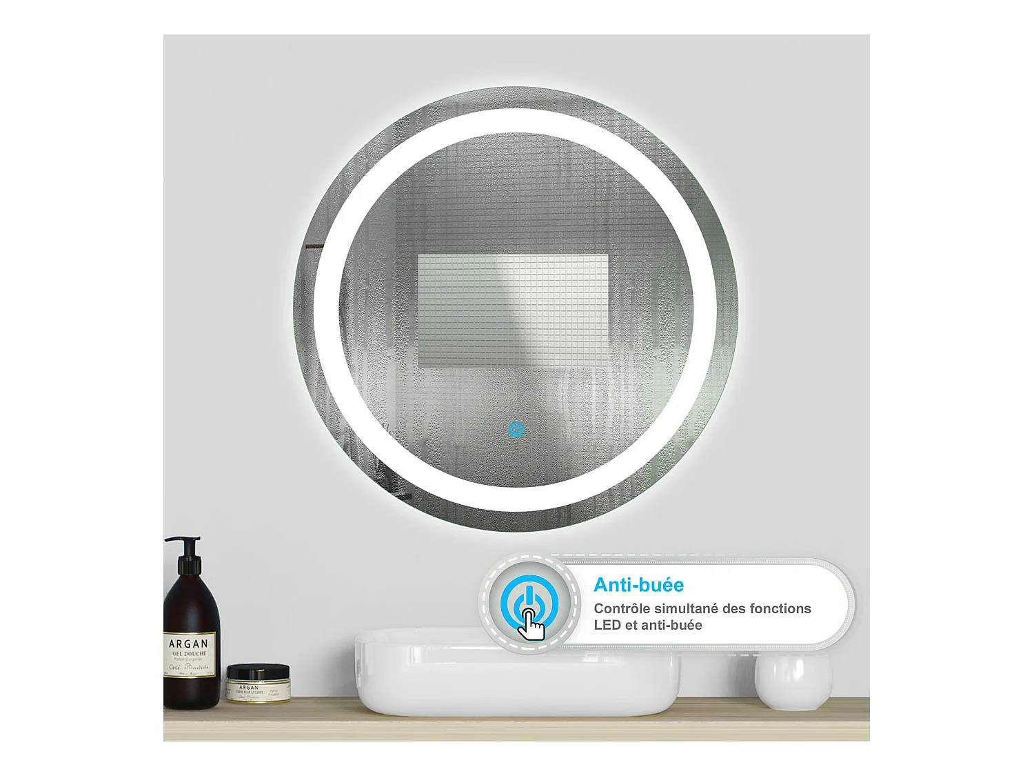 Aica Miroir lumineux rond, l.60 x H.60 cm Diam.60 cm, Miroir LED avec antibuée