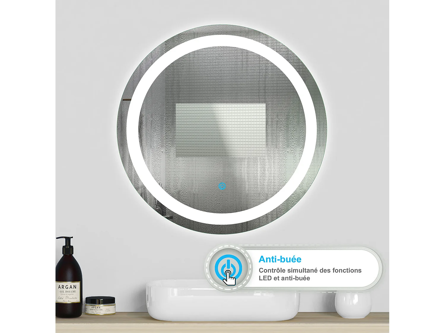 Aica Miroir lumineux rond, l.60 x H.60 cm Diam.60 cm, Miroir LED avec antibuée