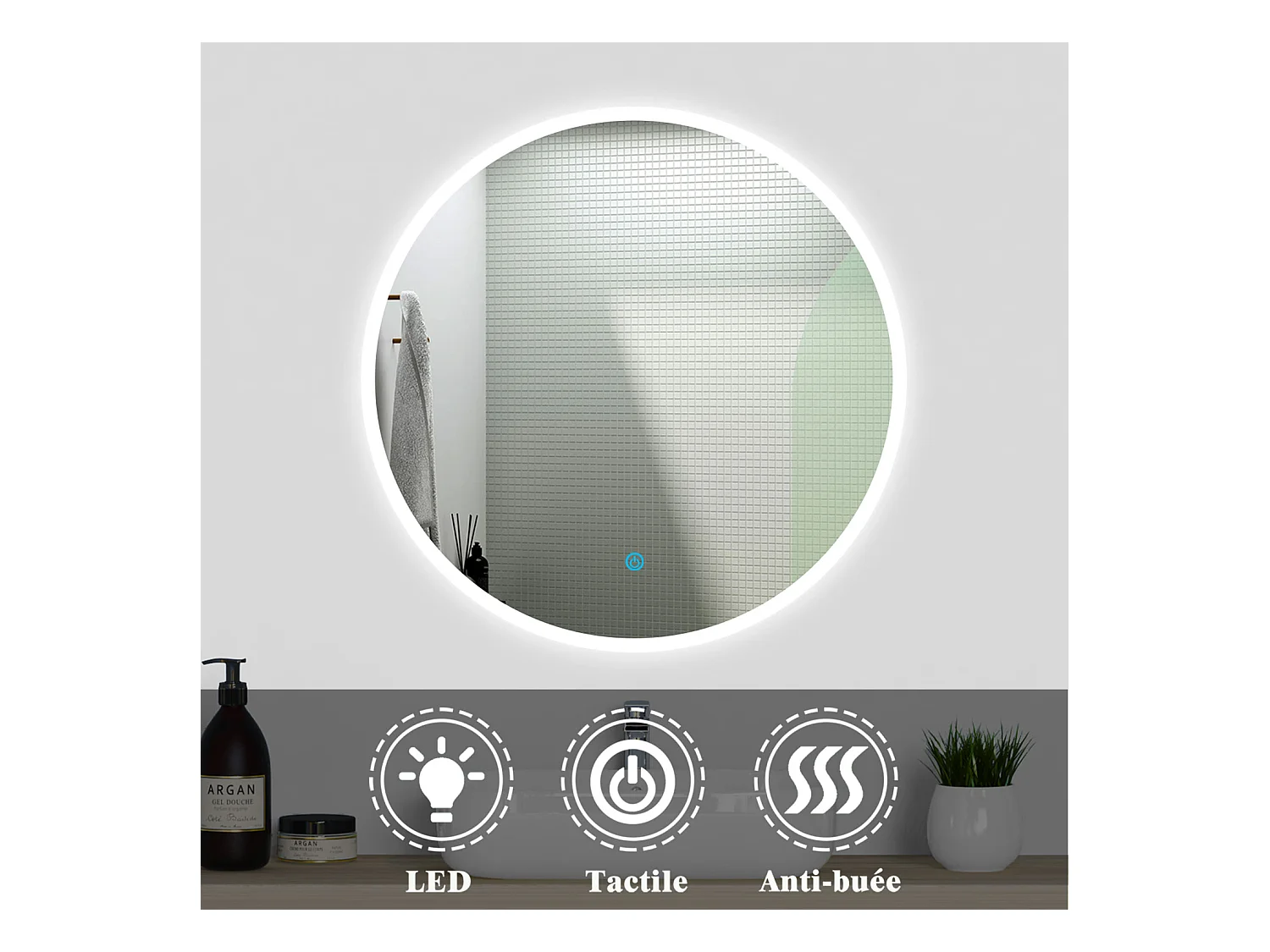 Aica Miroir lumineux rond, l.120 x H.120 cm, Miroir LED avec antibuée