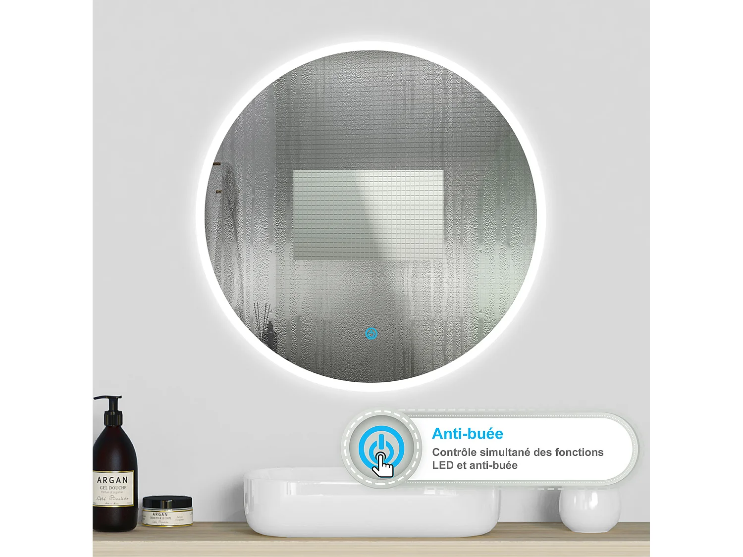 Aica Miroir lumineux rond, l.120 x H.120 cm, Miroir LED avec antibuée