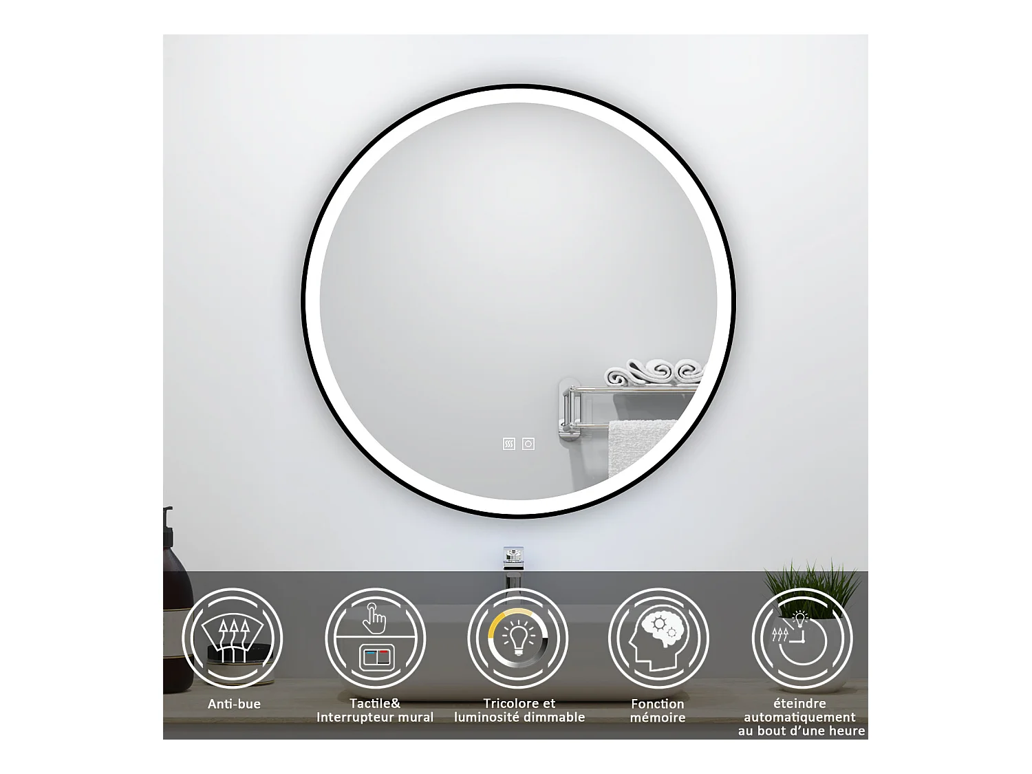 Miroir lumineux rond 70x70cm avec Anti-buée + 3 Couleurs + Dimmable, Mural Miroir salle de bain rond