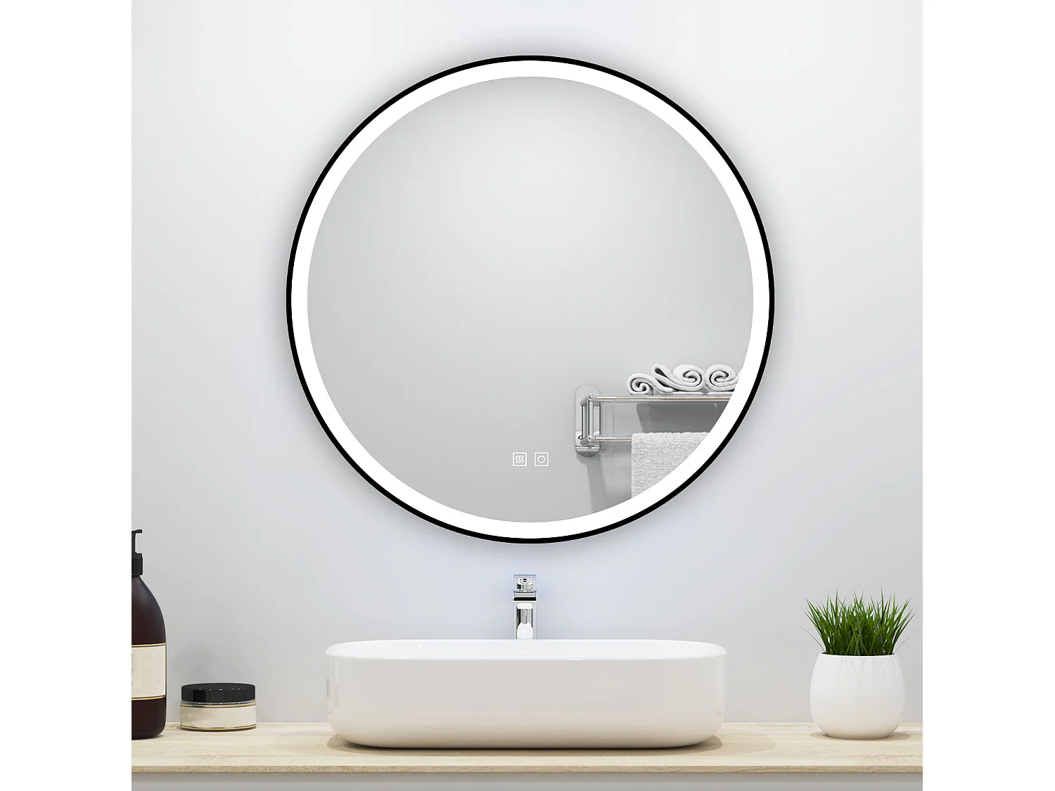Miroir lumineux rond 70x70cm avec Anti-buée + 3 Couleurs + Dimmable, Mural Miroir salle de bain rond
